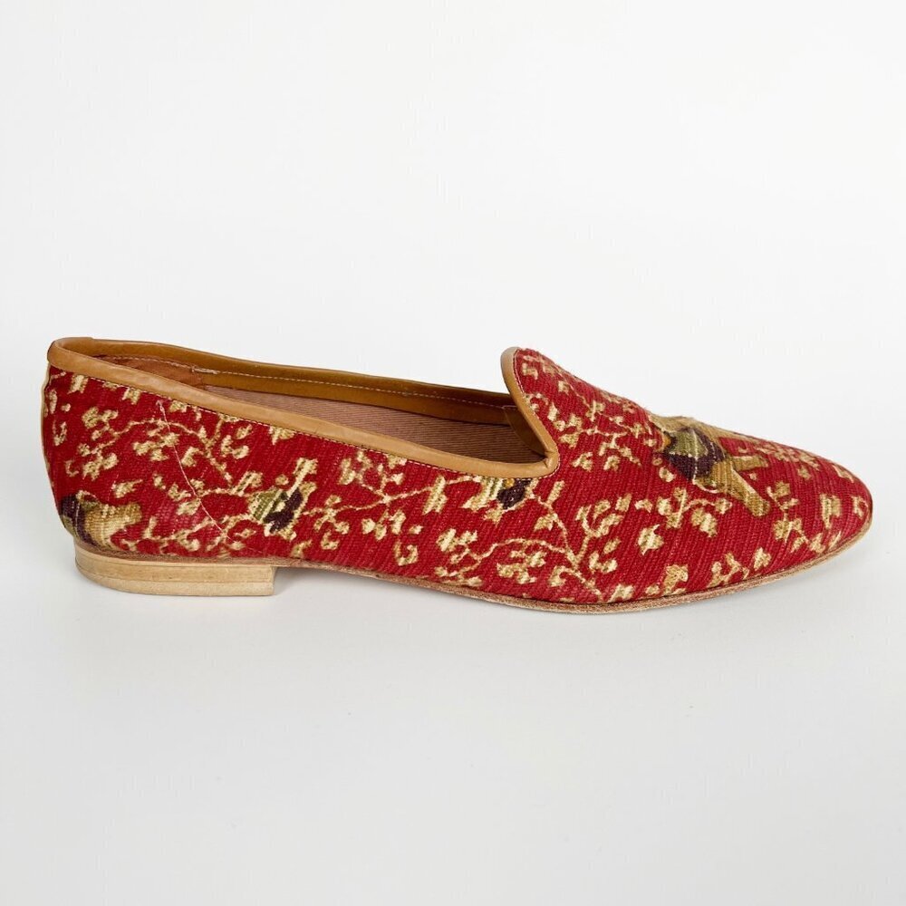 Vintage Smoking Loafer Slip On Flats Slipper Leather Knit Tapestry Eclectic 90s